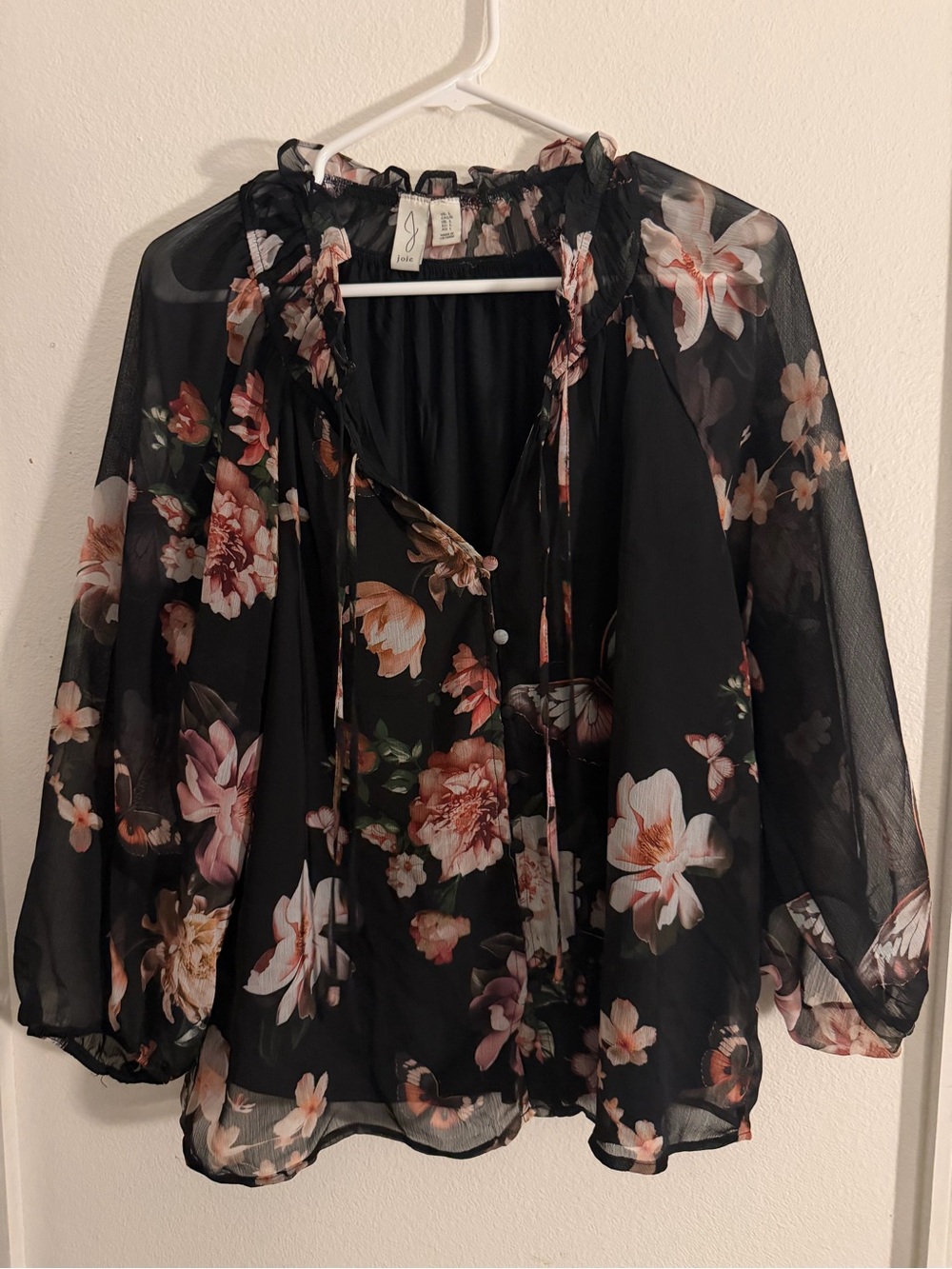 Joie Black Sheer Floral Tie-Neck Blouse